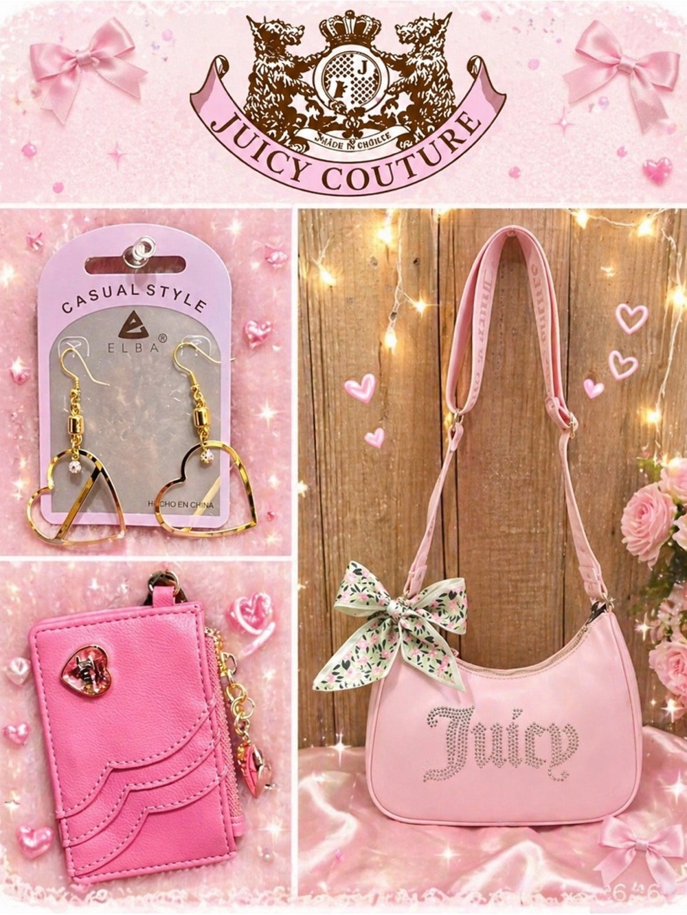 Juicy Couture. 5 Piece: Crossbody & Free Card Case, Earrings, Dust Bag & Scarf.